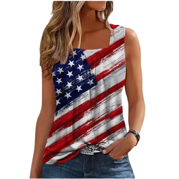 USA Tank Top | Stars and Stripes Pleated Square Neck Patriotic - Picture 2 of 6